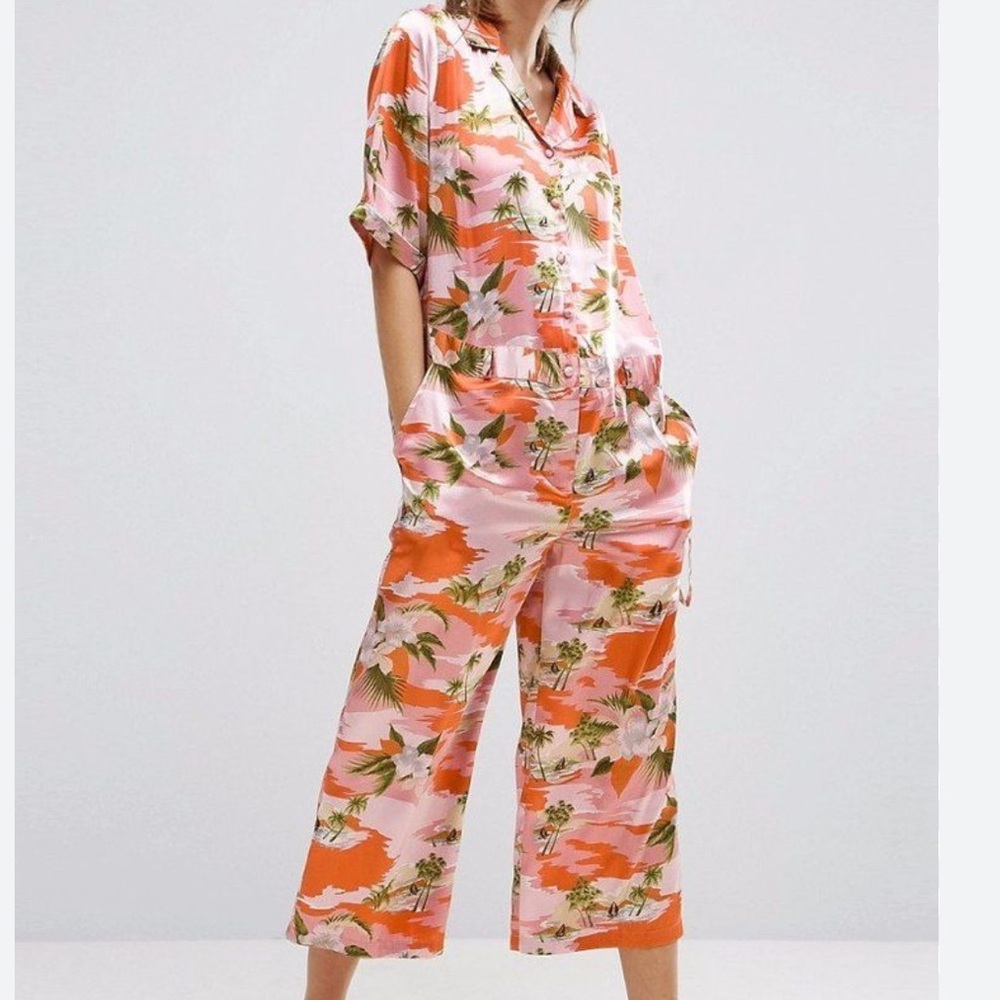 Tropical print wide leg cropped jumpsuit